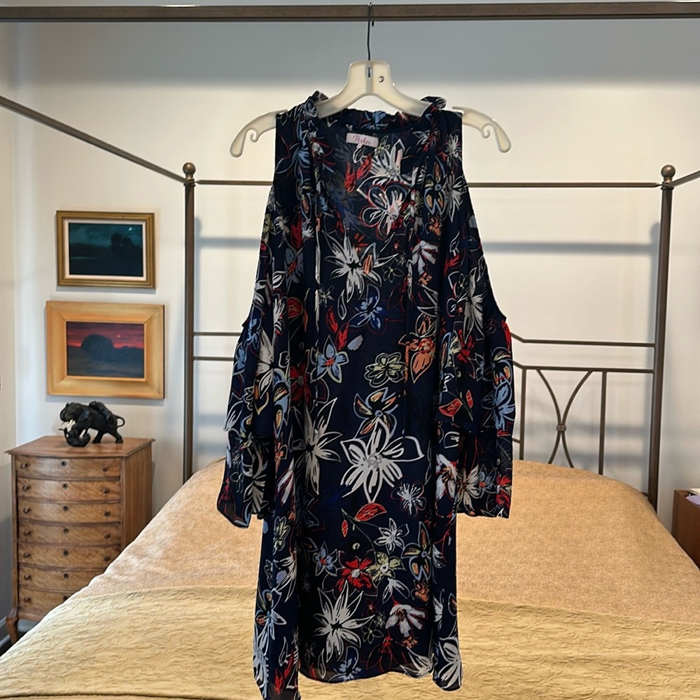 Parker multi color  mini dress.  Size L. Open shoulder 3/4 bell sleeves.